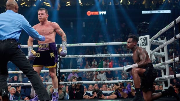 Canelo Alvarez floors Jermell Charlo during the 7th round of their highly anticipated bout.  in Las Vegas, Nevada on Oct 1, 2023. ESTHER LIN/SHOWTIME.